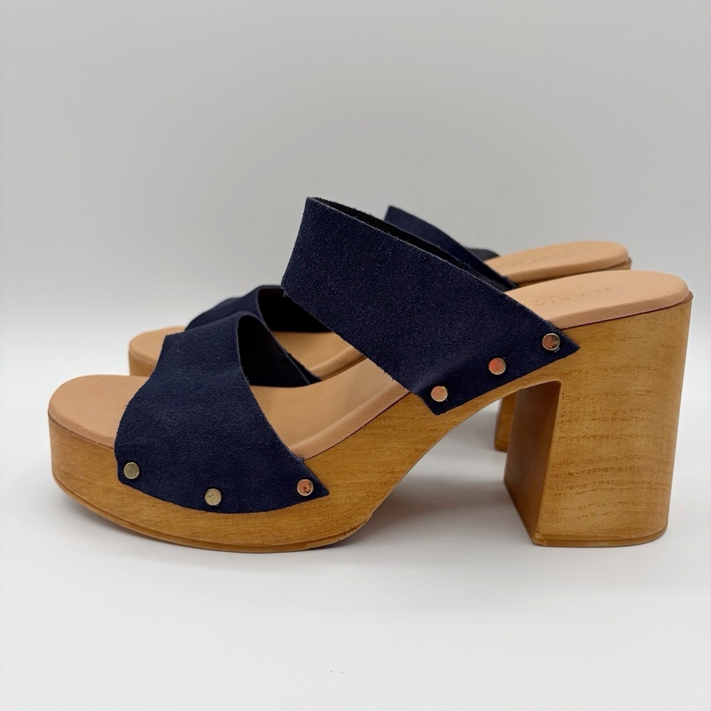 Ilaria Sartori Blue Suede Leather Wood Heel Platform Sandals EU 40 9 NEW ITALY